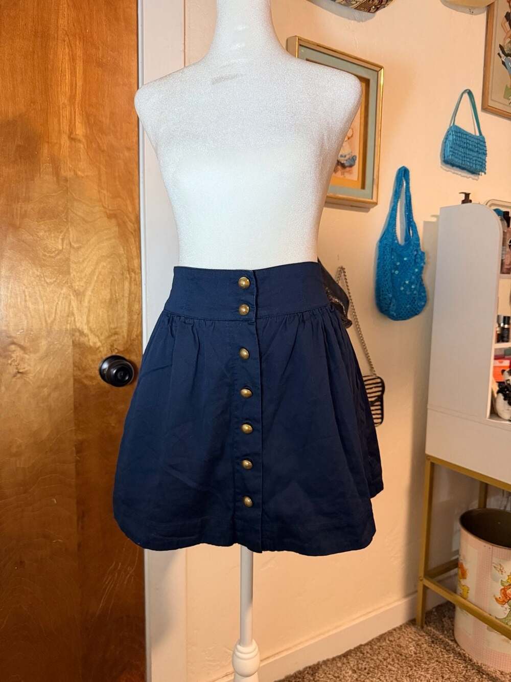 Forever 21 Navy Blue High Waist Brass Button Front Mini Skirt S